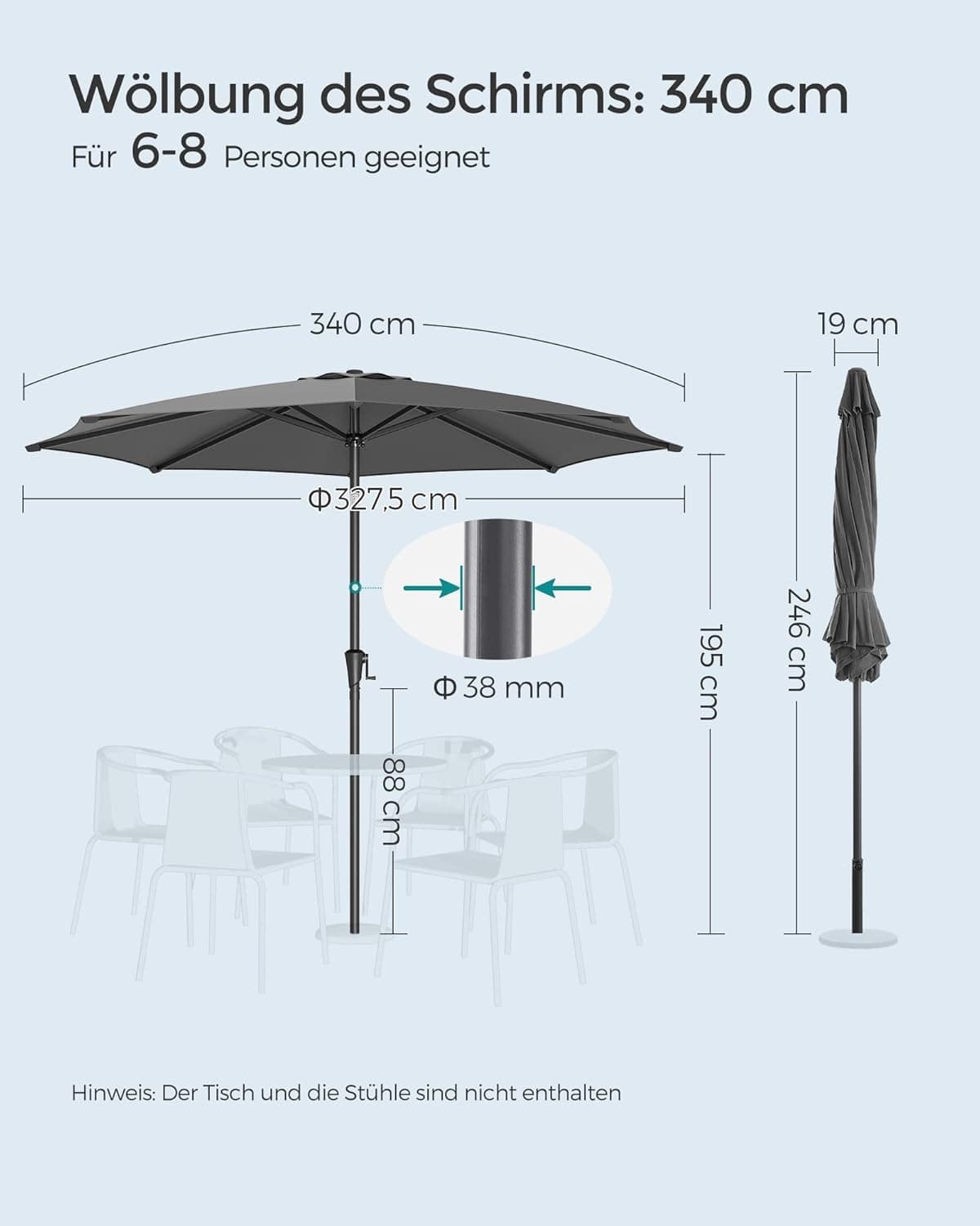 Parasol klasyczny Songmics szary 340 x 246 cm