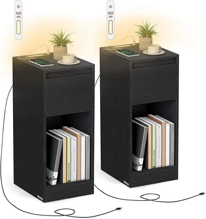 SZAFKA NOCNA WĄSKA LED Z USB STOLIK NOCNY Z SZUFLADĄ 2 SZT
