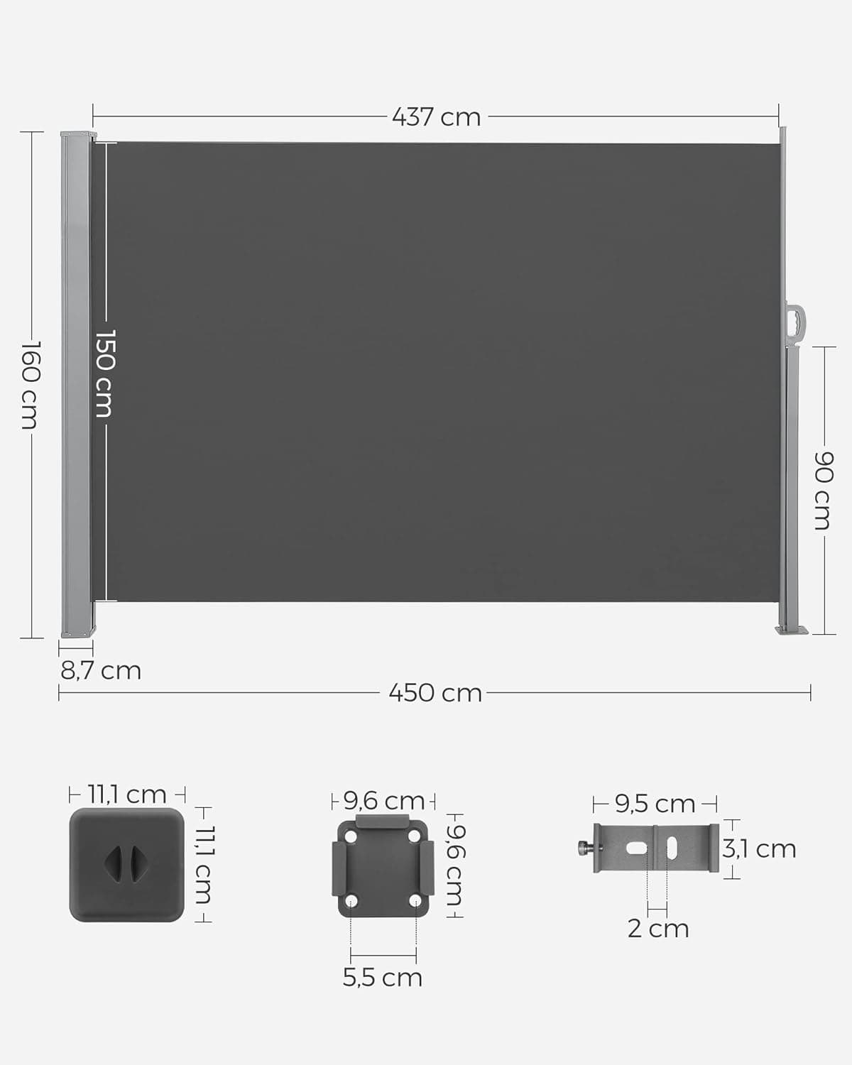 Markiza balkonowa, tarasowa 160 x 450 cm szary