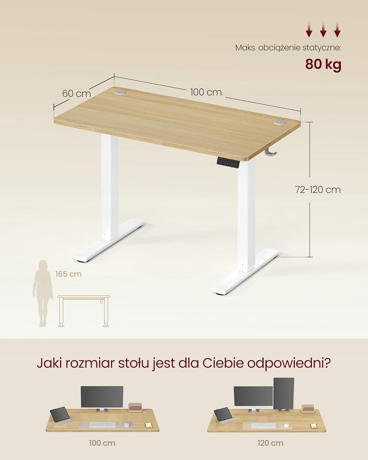 Biurko regulowane elektrycznie Vasagle 100 x 60 x 120 cm biały, dąb złoty
