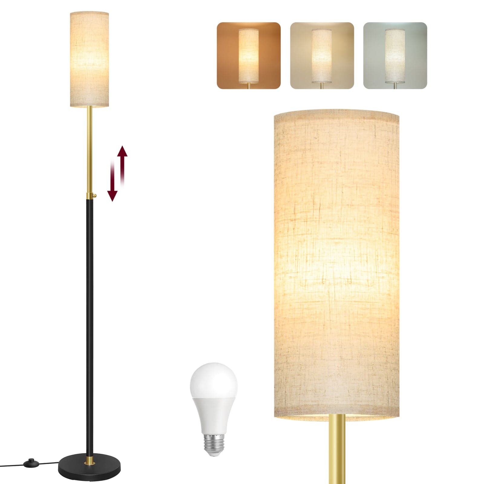Lampa podłogowa Vasagle LED z lnianym abażurem, złoto-czarna