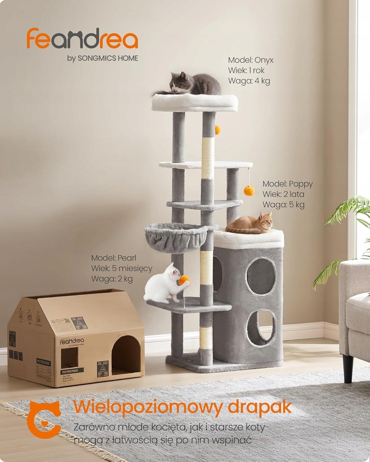 Drapak wysoki, legowisko, słupek do drapania Feandrea 101 - 160 cm